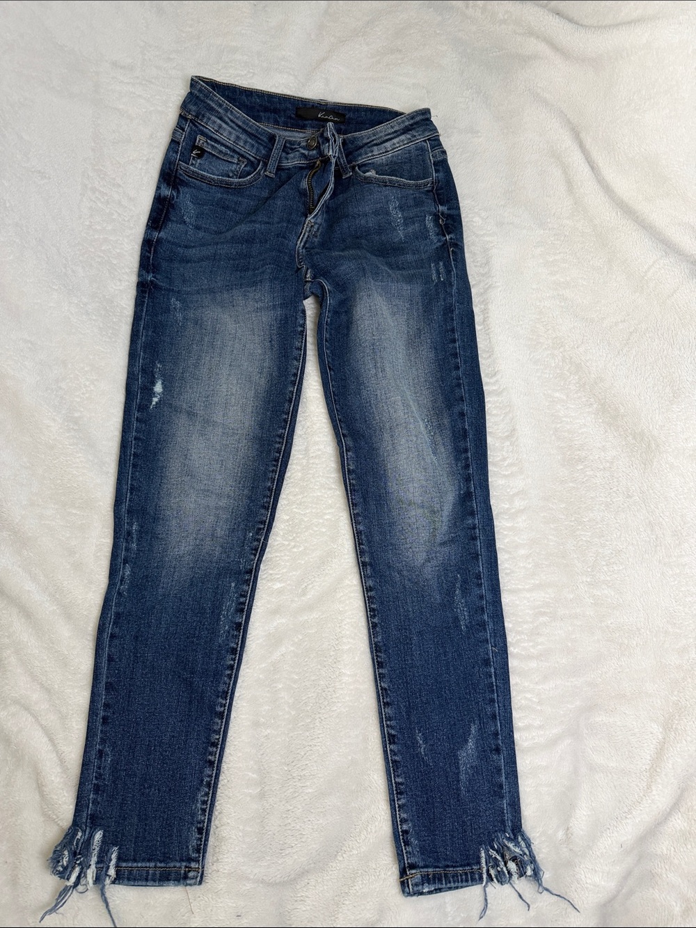 KanCan Dark Blue Distressed Skinny Jeans with Frayed Hem